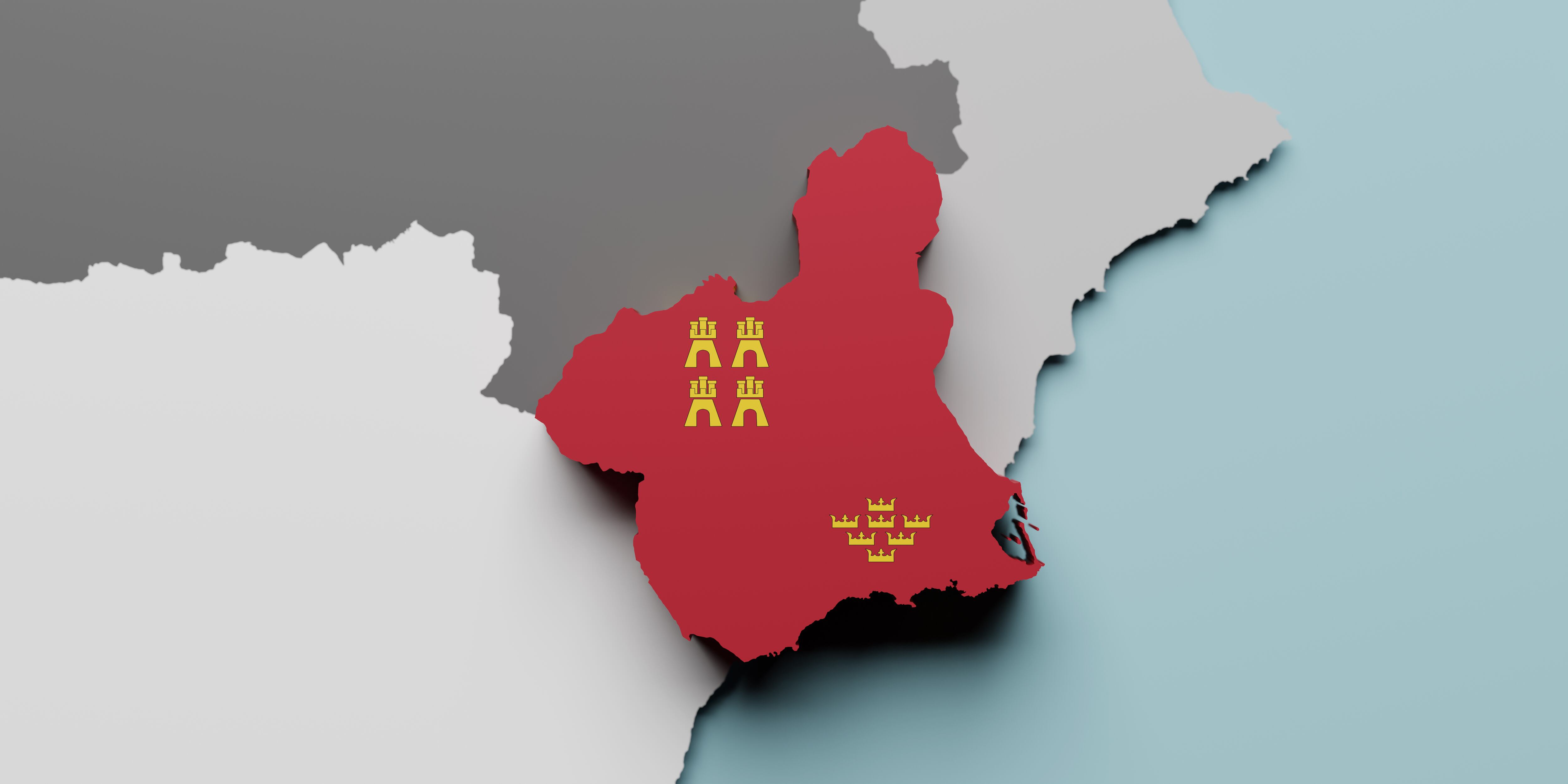 Detalle en 3D del mapa la Región de Murcia con la bandera de la Comunidad