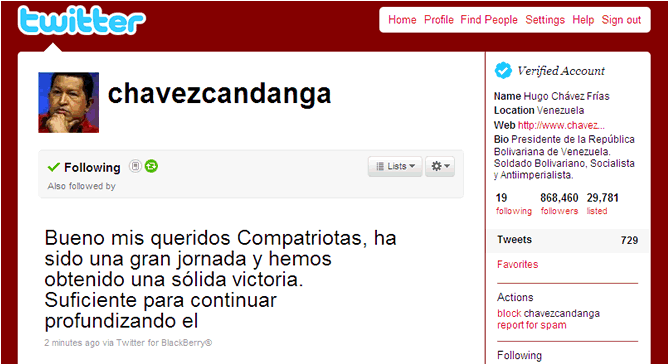 Hugo Chávez asegura en su Twitter que su partido ha logrado &quot;una victoria sólida&quot; en las elecciones