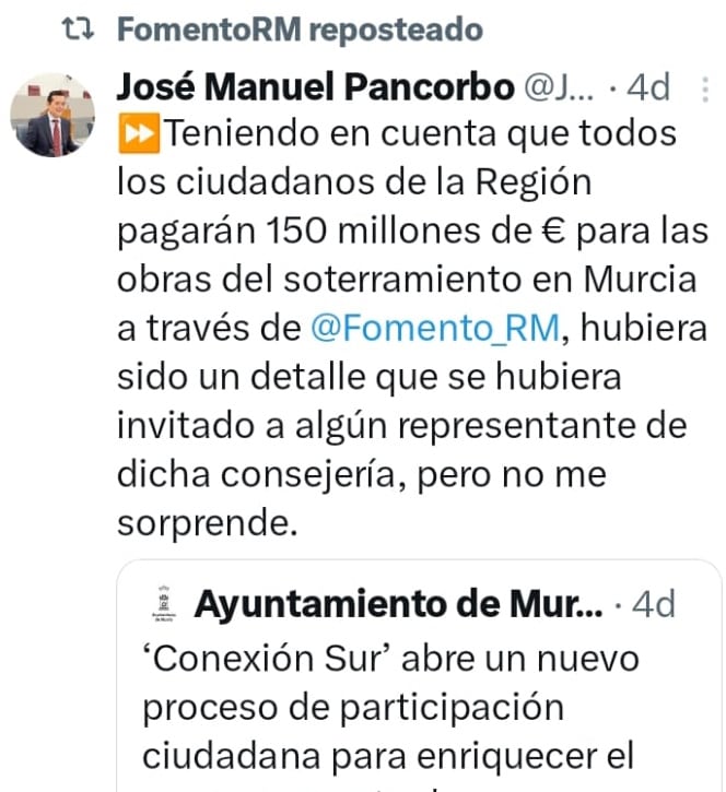 Pancorbo, molesto con el Ayuntamiento de Murcia porque no se invitó a la consejería de Fomento a la presentación del proyecto &#039;Conexión Sur&#039;