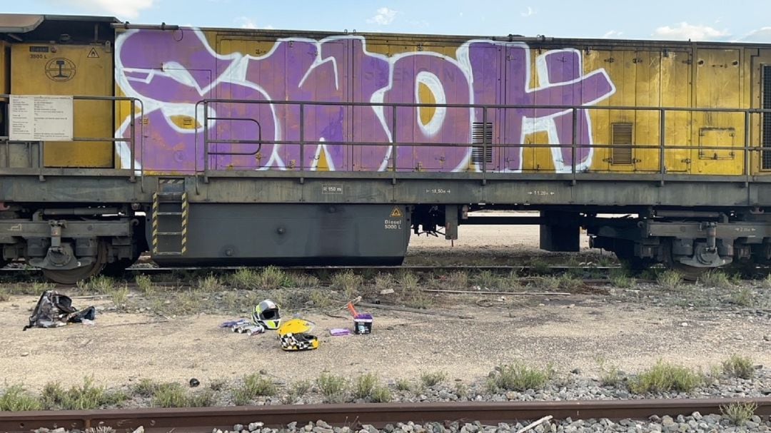 Vagón con pintadas en la antigua estación de mercancías de Elche