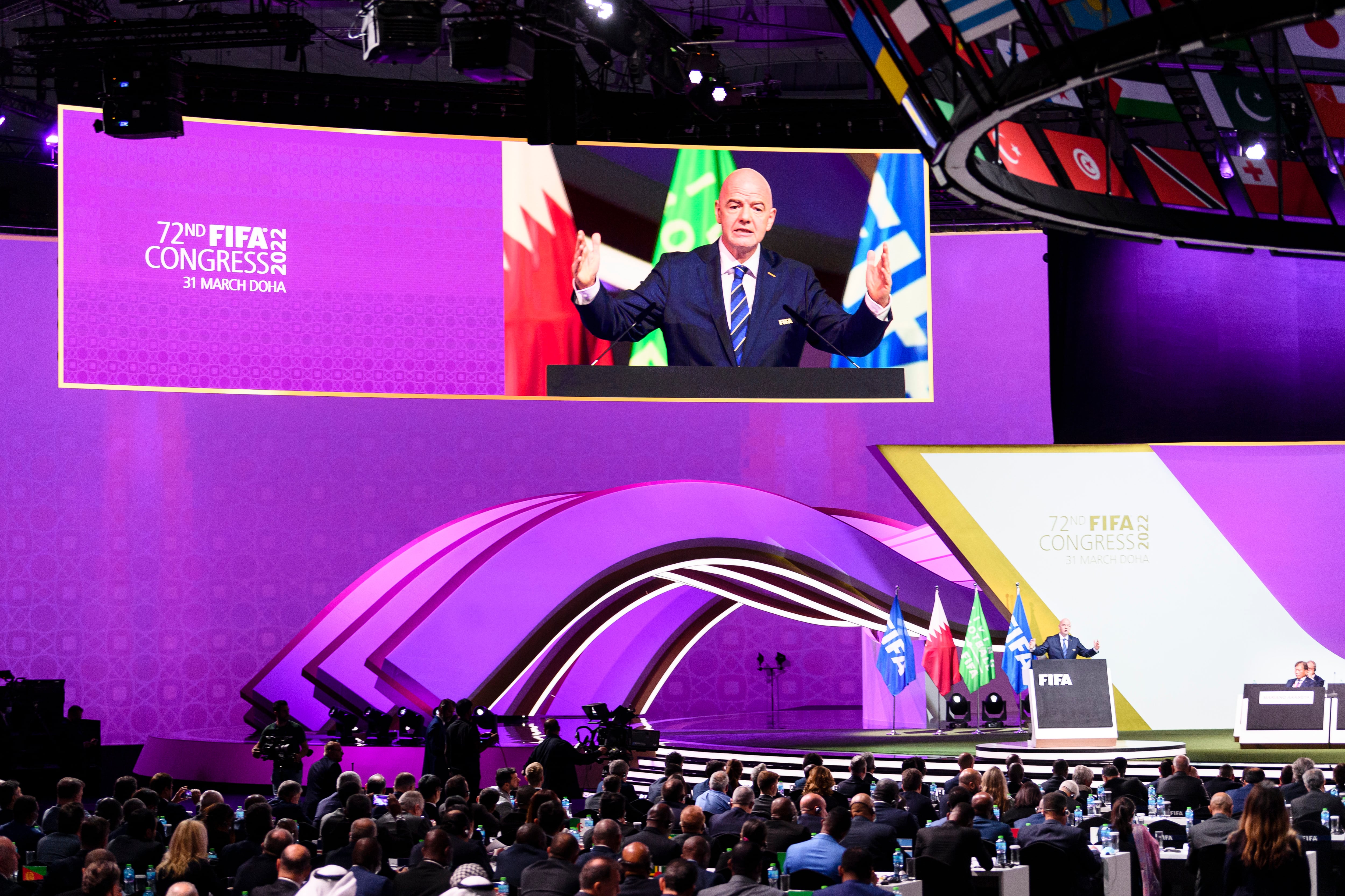 Infantino habla en Doha, durante el 72º Congreso de la FIFA