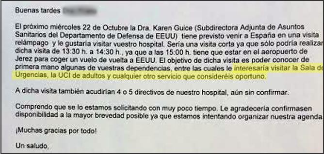 Escrito enviado por el Hospital Naval norteamericano de la base de Rota a la gerencia del Hospital General de Jerez de la Frontera