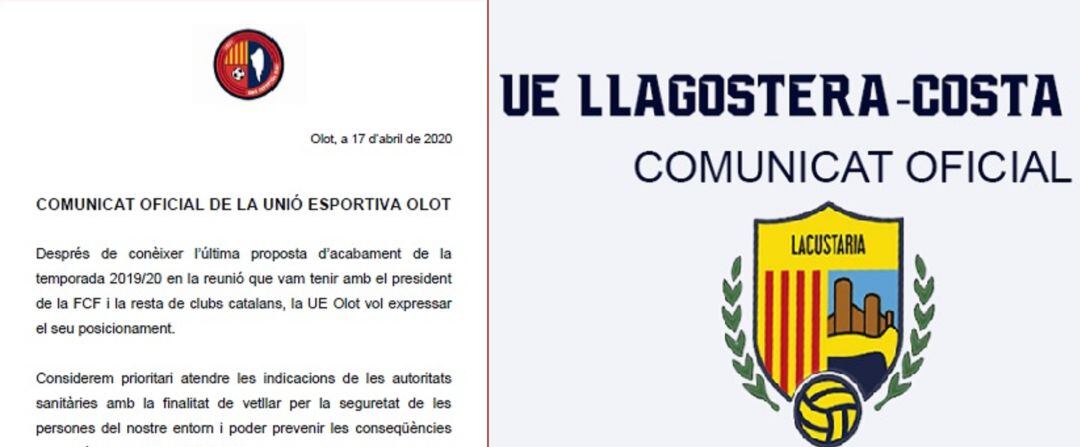 Olot i Llagostera han emès comunicats oficials per expressar el seu punt de vist en el conflicte sobre com s'ha d'acabar la temporada de Segona B.