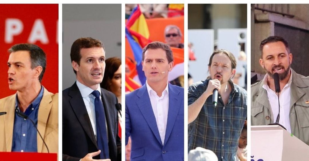 Pedro Sánchez (PSOE), Pablo Casado (PP), Albert Rivera (Cs), Pablo Iglesias (Unidas Podemos) y Santiago Abascal (Vox).