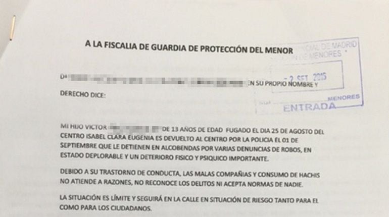 Documento presentado por la familia del menor en la Fiscalía de Menores de la Comunidad de Madrid.