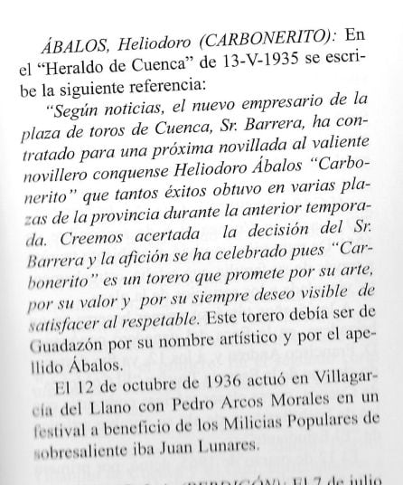 Recorte de la &quot;Historia de la tauromaquia conquense&quot;, de Heliodoro Cordente, en la que se cita al padre del nuevo ministro