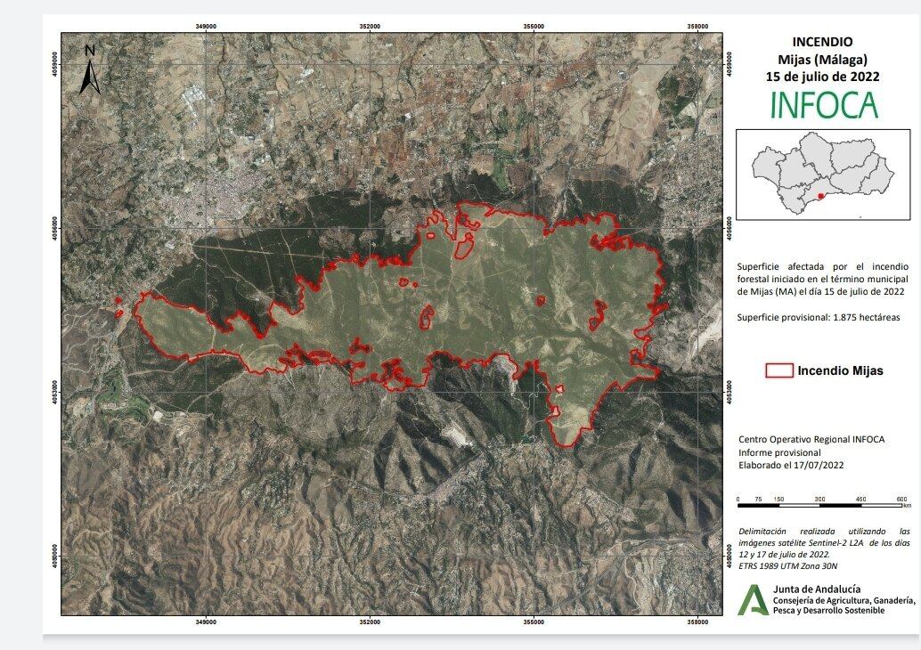 Perímetro afectado por el incendio de la Sierra de Mijas. Infoca.