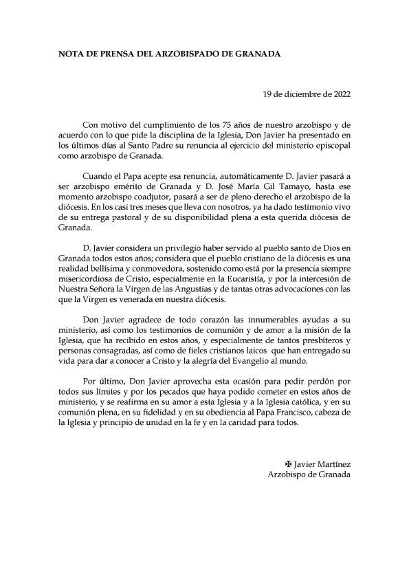 Carta del arzobispo de Granada, Javier Martínez, en la que comunica que ha presentado su renuncia por motivos de edad