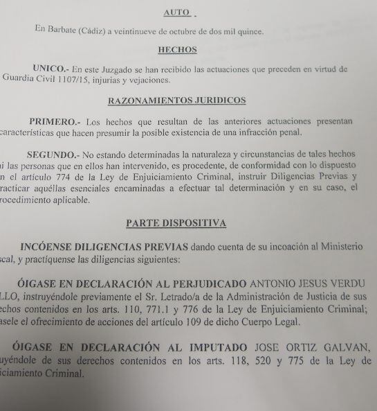 Imagen del auto que notifica la imputaci&oacute;n del alcalde de Vejer y candidato al Senado por el PP, Jos&eacute; Ortiz