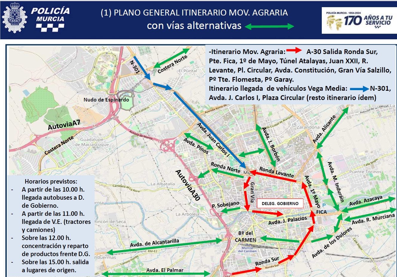 Itinerarios alternativos por la protesta de agricultores este miércoles en Murcia