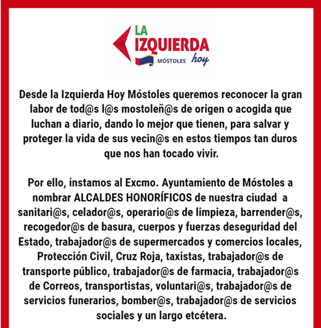 Proponen como alcaldes honoríficos de Móstoles a los vecinos que luchan contra el coronavirus