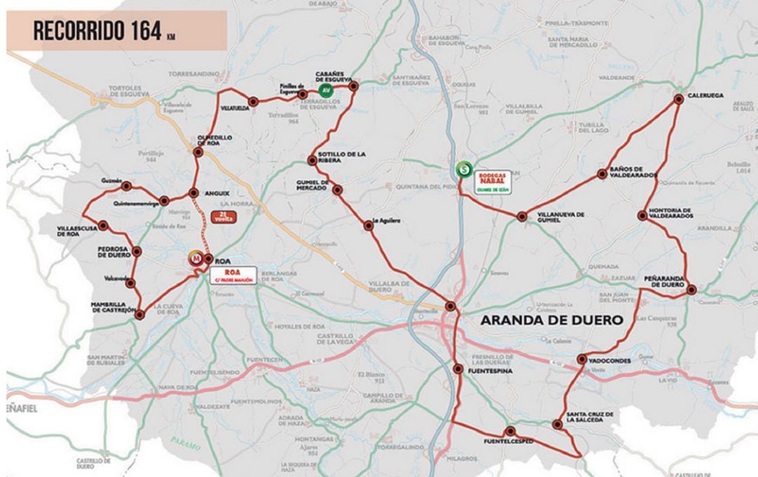 Mapa del trazado por el que discurrirá la etapa ribereña de la Vuelta a Burgos 2020.