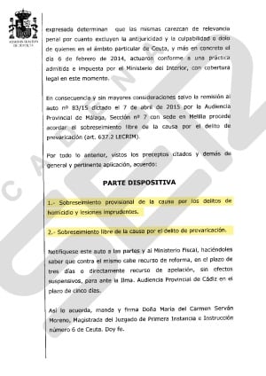 Extracto del auto judicial que da carpetazo a la tragedia del Tarajal