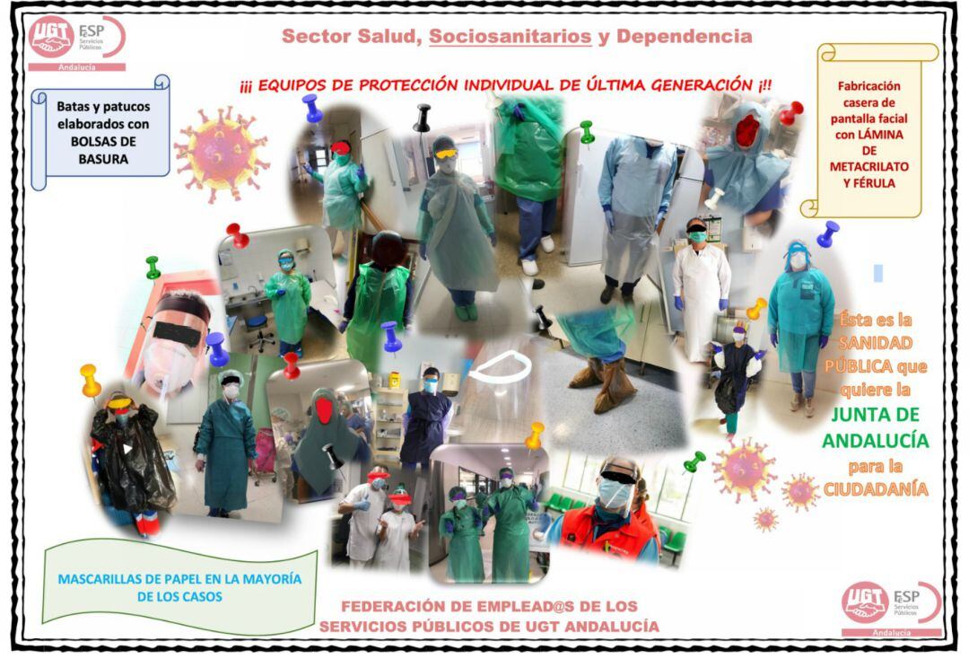 Montaje de fotografías de varios hospitales con personal sanitario protegido con bolsas de basura