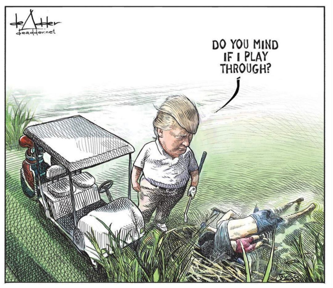 Viñeta publicada en los periódicos de Brunswick News que ha dado origen al despido del dibujante político Michael de Adder.