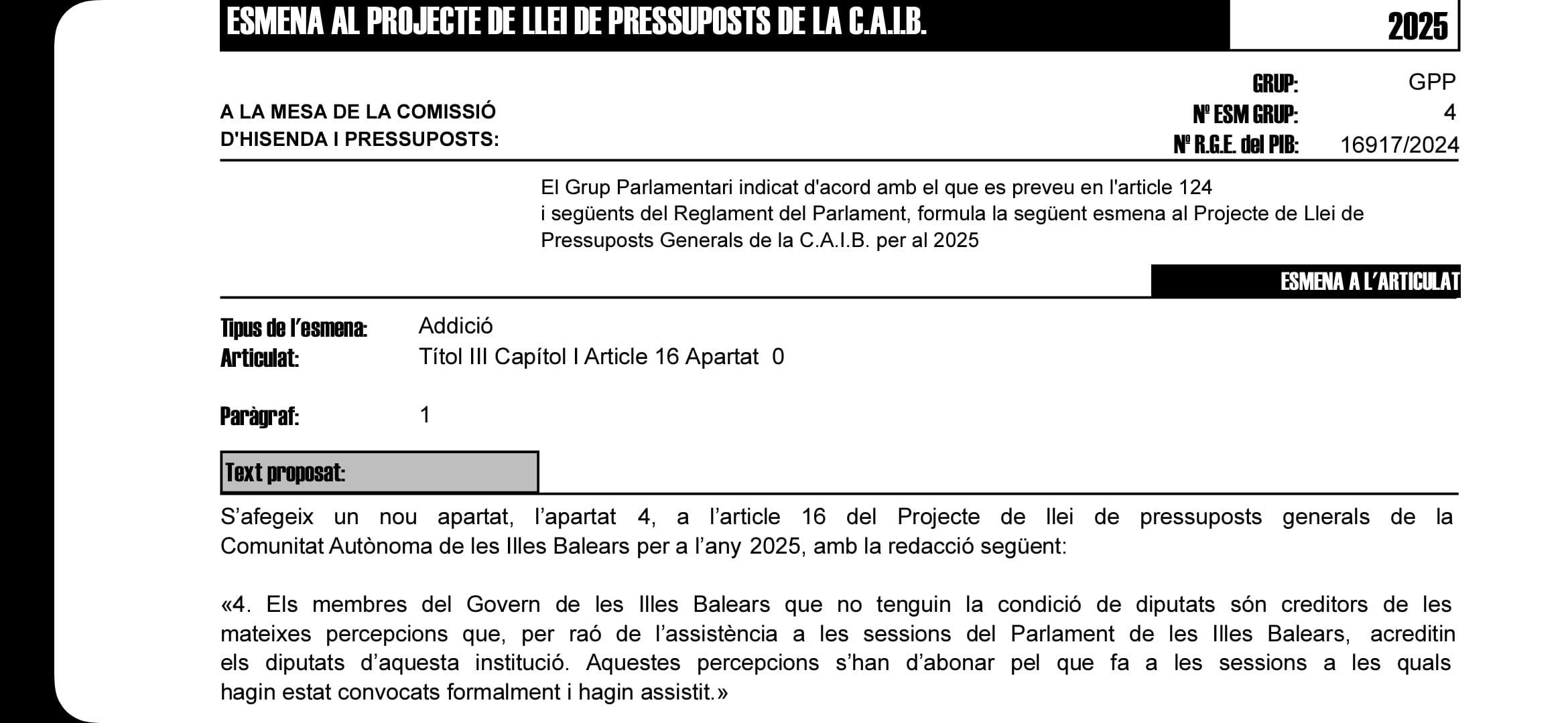 Imagen de la enmienda presentada por el PP donde figura que los miembros del Govern que no son diputados cobren también por su asistencia a los plenos