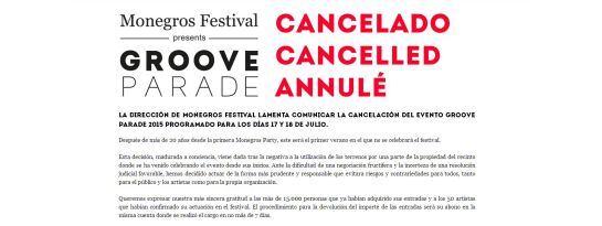 Nota de la organización anunciando la cancelación del festival.