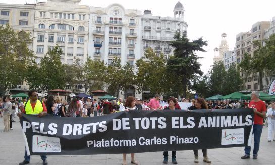 Cabecera de la manifestación en favor de los derechos de los animales, en la Plaza del Ayuntamiento