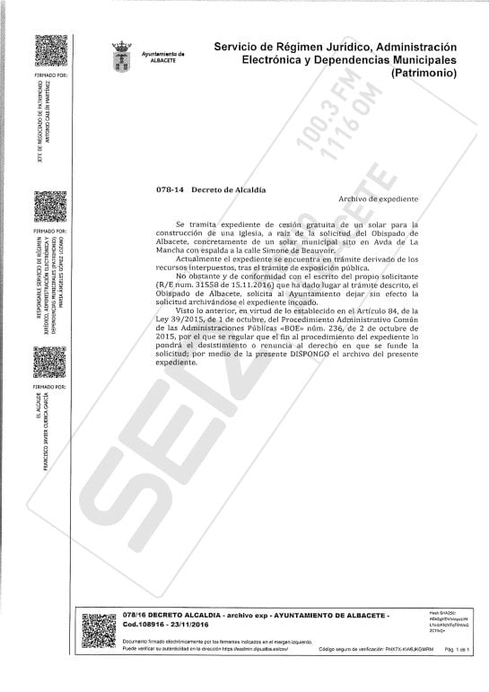 Decreto de alcaldía que deja sin efecto la cesión al Obispado