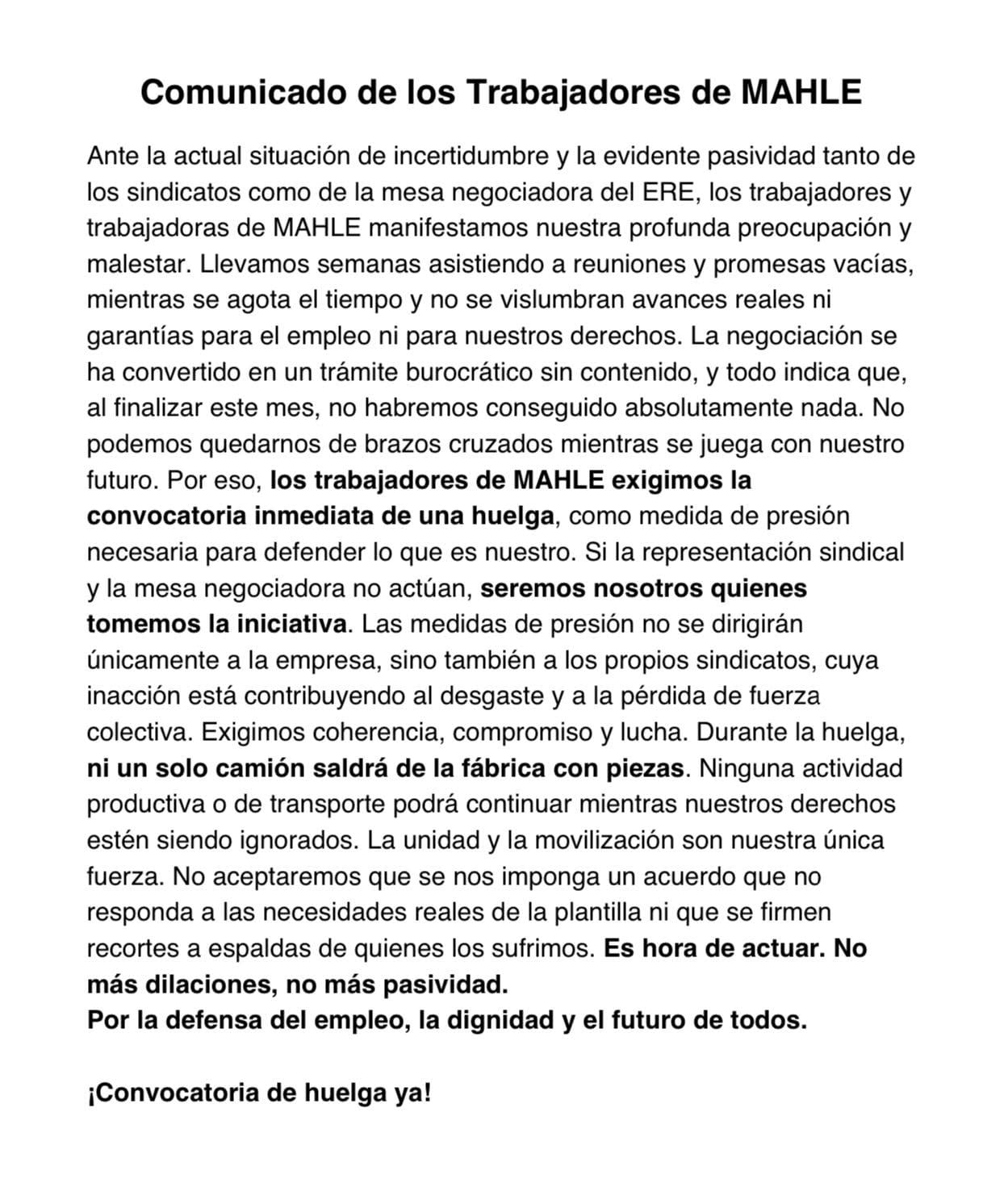 Comunicado trabajadores Mahle