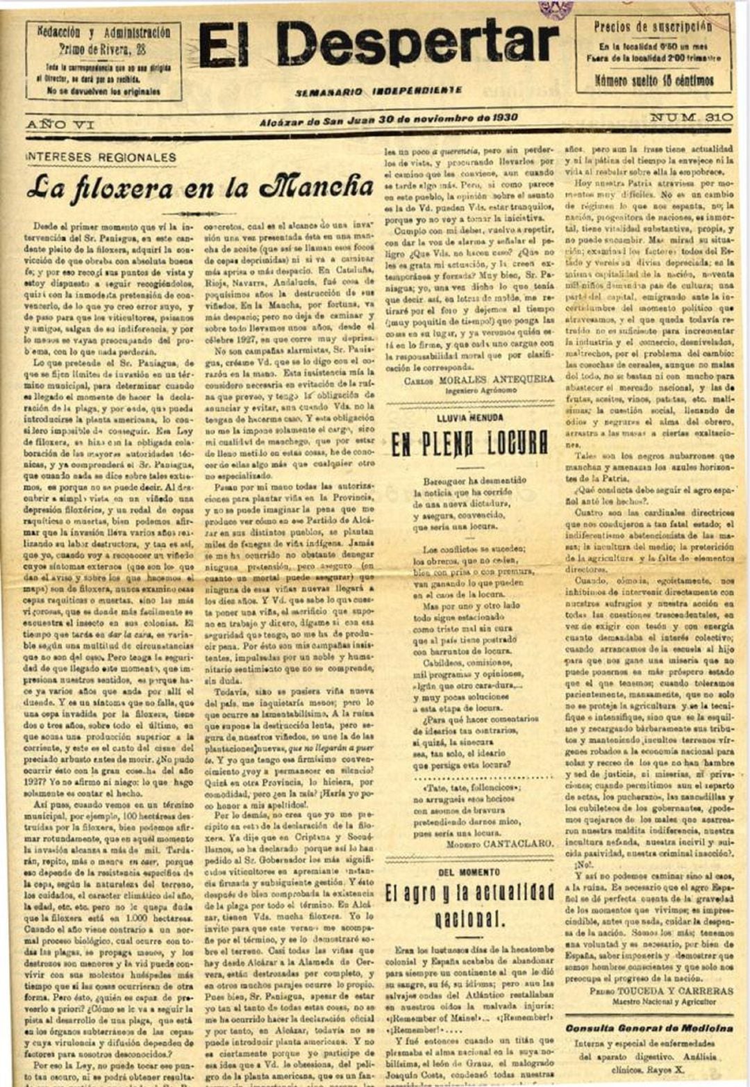 Portada del periódico &quot;El Despertar&quot;