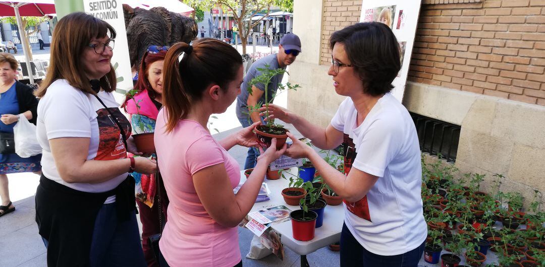 La candidata de Jaén Sentido y Común, Sara Martínez, regala una maceta a una vecina de la capital en la Plaza Deán Mazas.