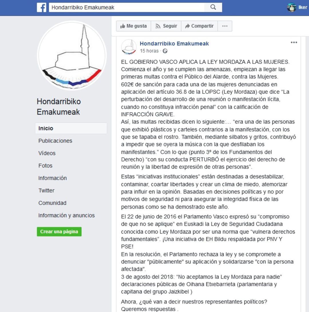 Escrito de denuncia en Facebook por parte de Hondarribiko Emakumeak