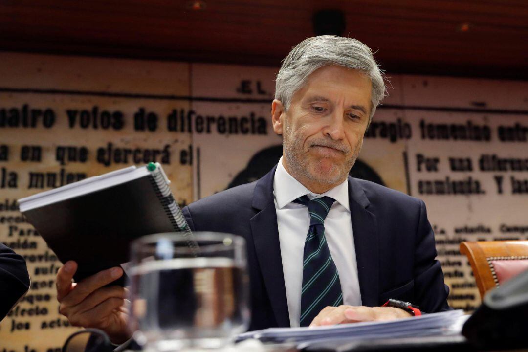  El ministro del Interior, Fernando Grande-Marlaska, durante su comparecencia en el Senado para explicar las líneas generales de la política de su departamento. 