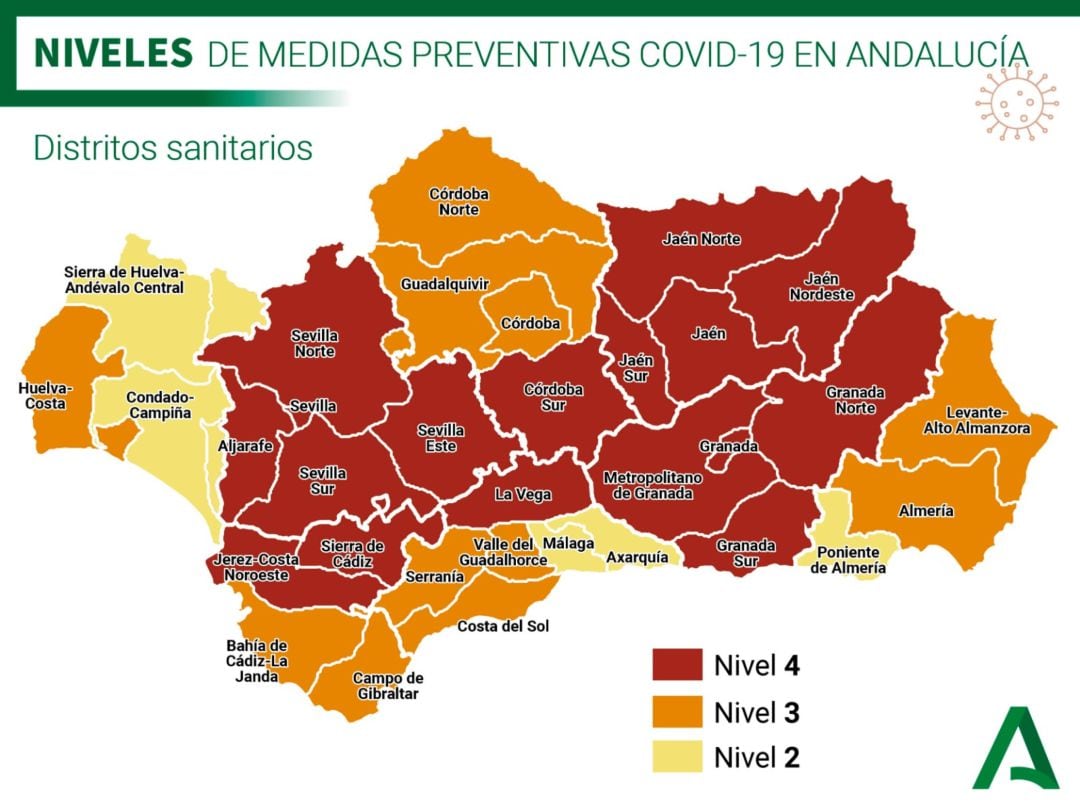 Mapa de niveles de medidas preventivas según los distritos sanitarios de Andalucía