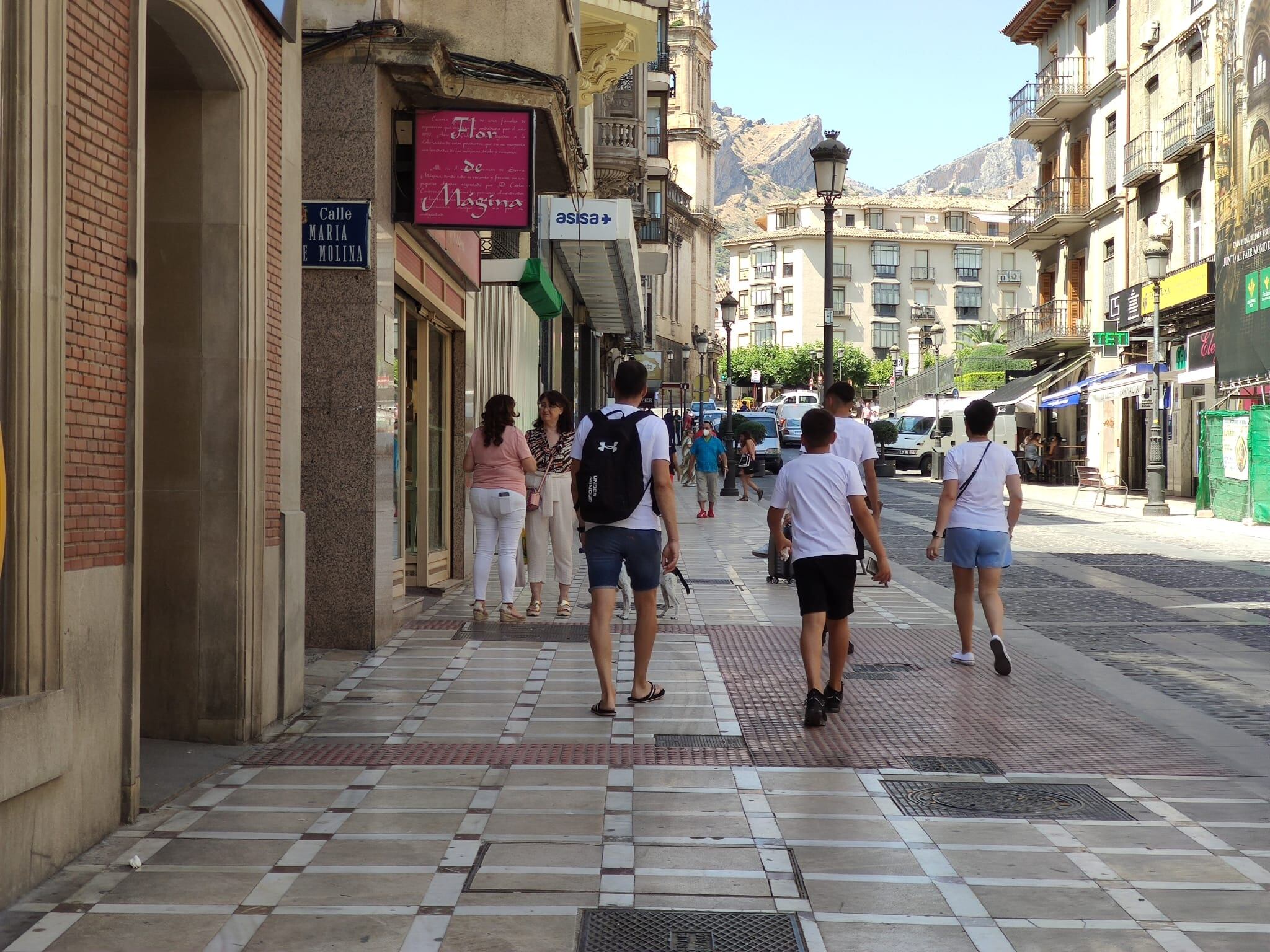 Personas pasean por la acera de una calle del centro de Jaén capital en un día de verano