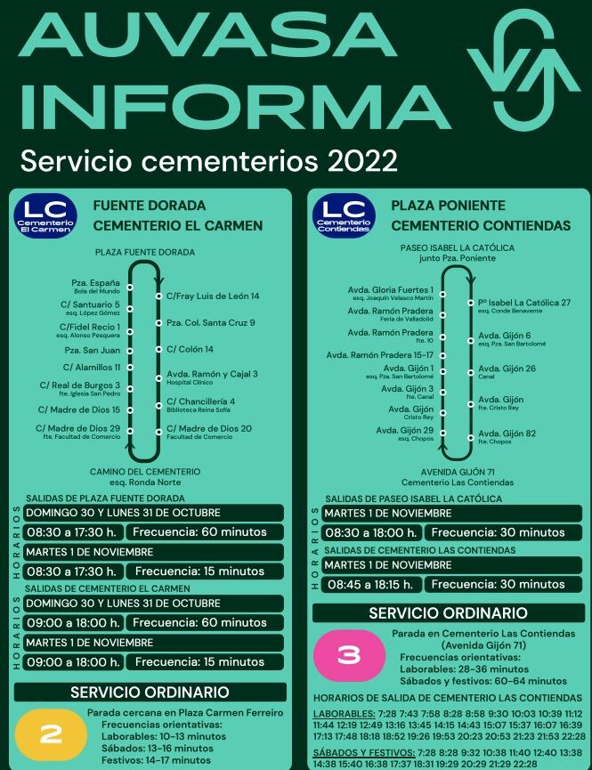 Servicios especiales de Auvasa con motivo del 1 de noviembre