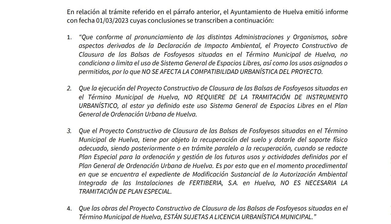 Respuesta del Ayuntamiento de Huelva a la delegación territorial de Medio Ambiente