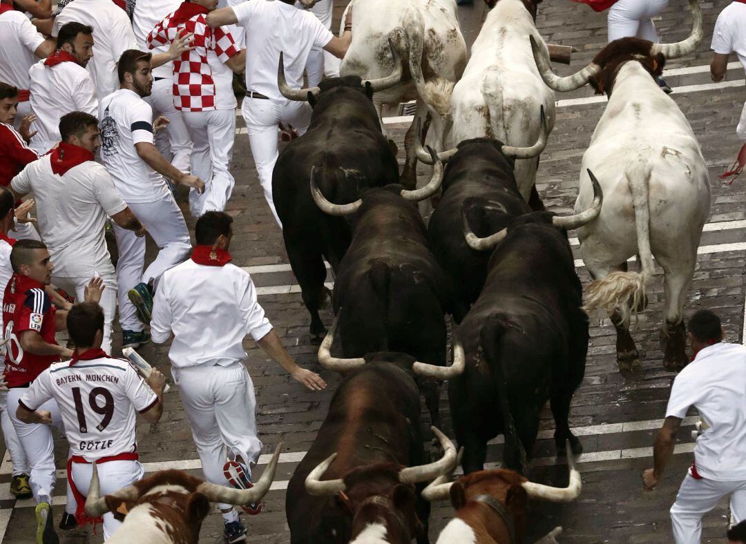 Los toros de la ganadería de Jandilla enfilan la calle de la Estafeta durante el cuarto encierro de los Sanfermines 2019.