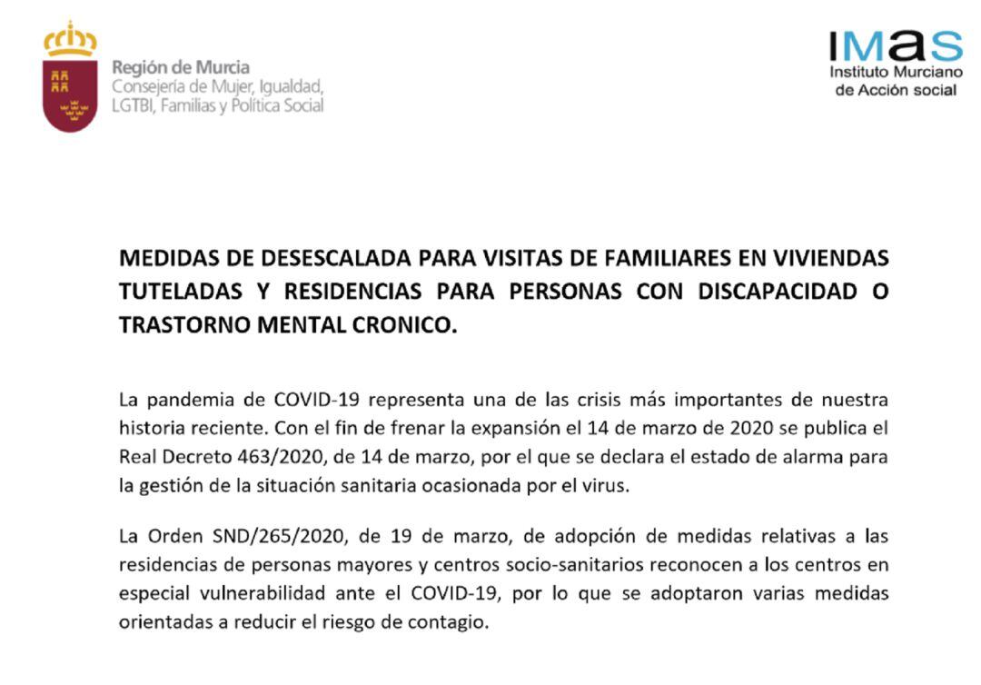 Encabezado de la orden de desescalada emitido por la Consejería de Política social