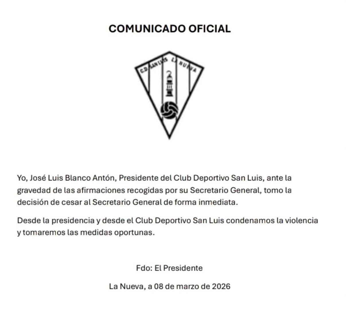 El presidente del CD San Luis destituye al secretario general