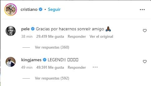 Respuestas de Pelé y Lebron James a la publicación de Cristiano Ronaldo