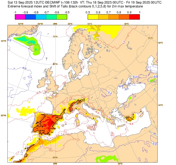 Mapa del EFI de la temperatura máxima