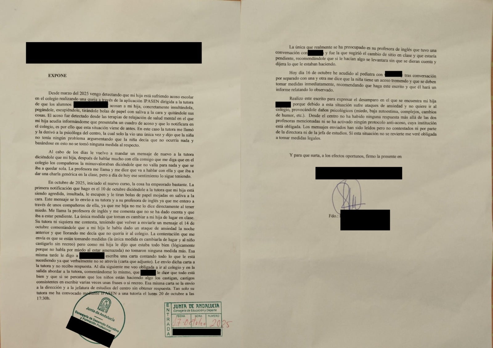 Documentos del caso Bullying presentado en la Delegación de Educación de Huelva