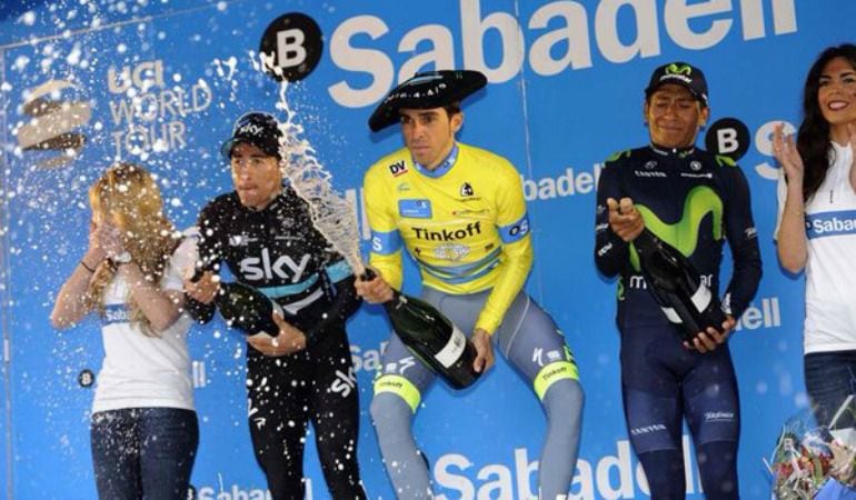 Sergio Luis Henao, Alberto Contador y Nairo Quintana en el podio.