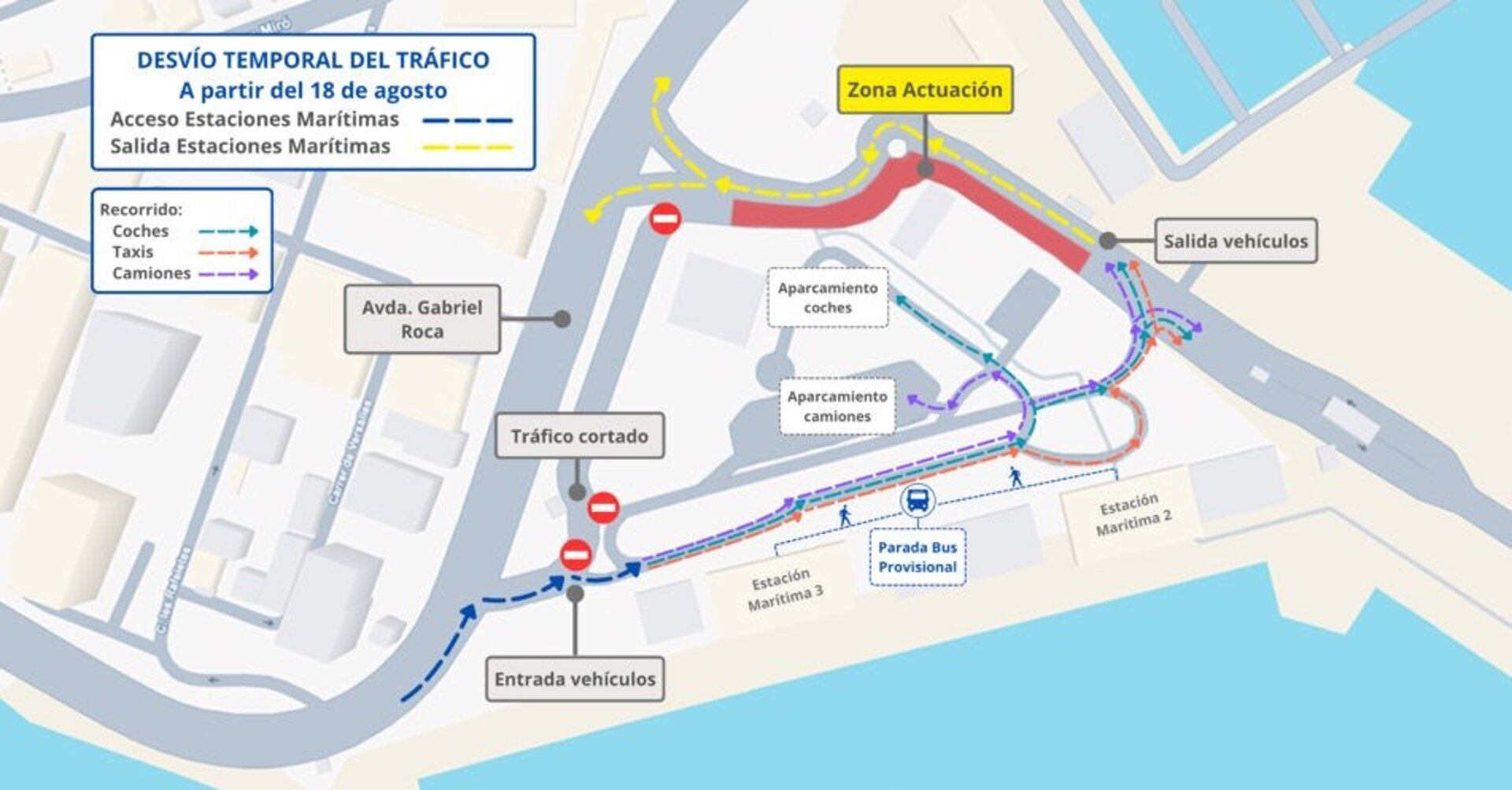 Mapa de las desviaciones de tráfico en los accesos a las estaciones marítimas del puerto de Palma- APB