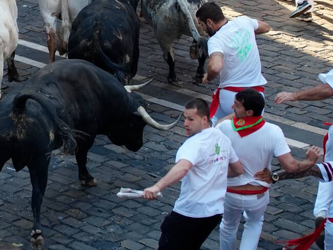 Varios mozos son perseguidos durante el segundo encierro de los Sanfermines 2024 protagonizados por la ganadería de los Herederos de D. José Cebada Gago, Sidon(Cádiz)