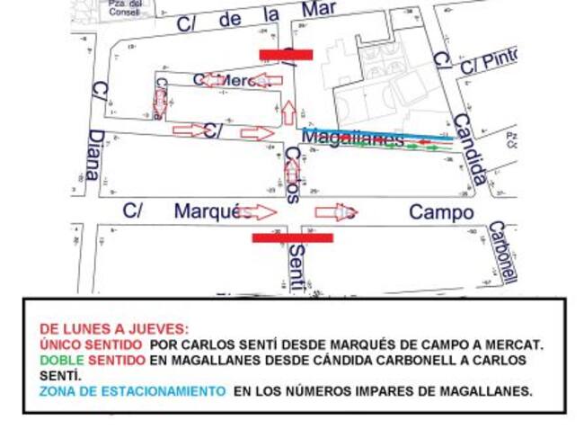 Plano de cómo queda la circulación en la zona, de lunes a jueves.