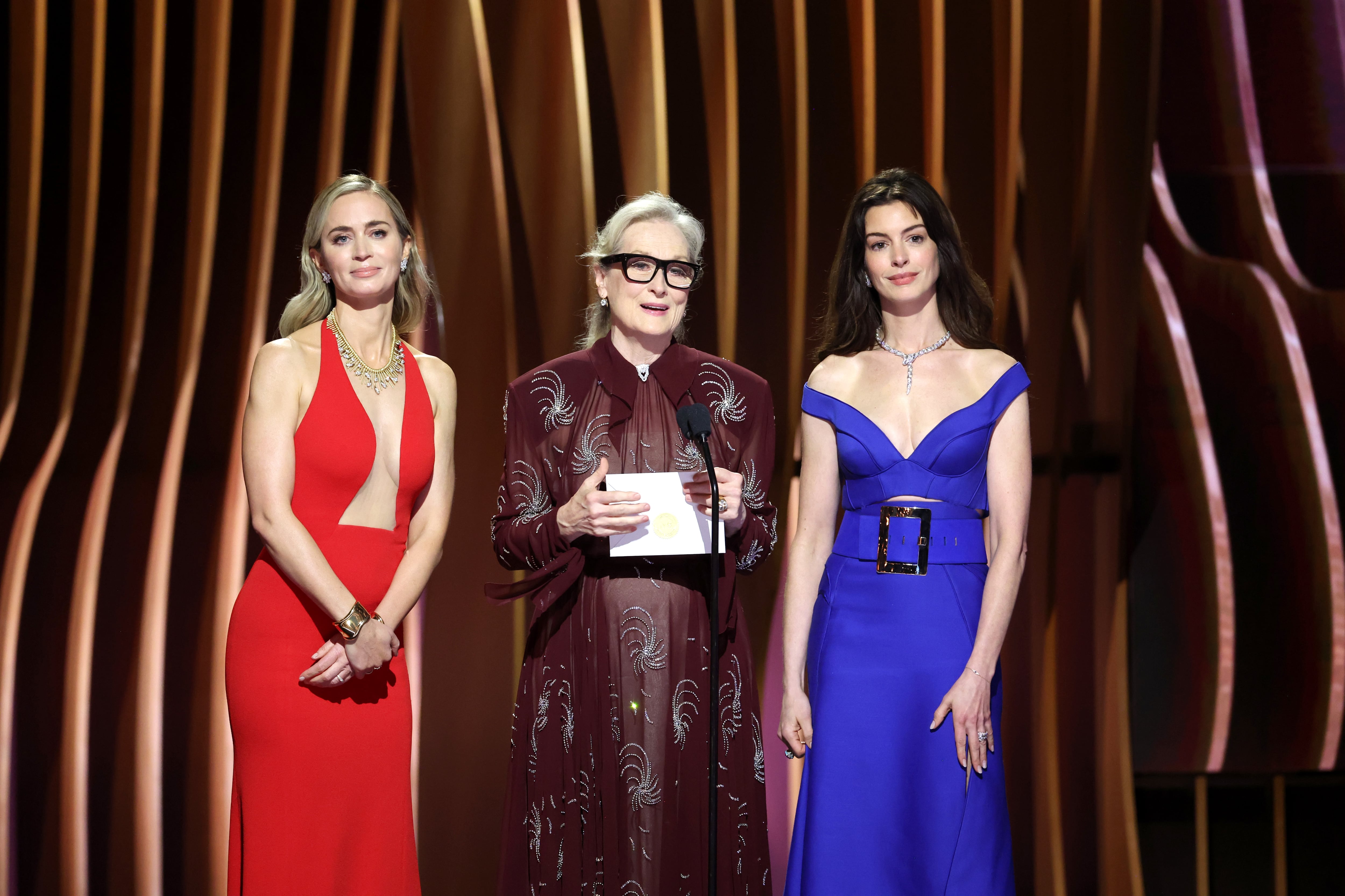 Emily Blunt, Meryl Streep, and Anne Hathaway speak onstage during the 30th Annual Screen Actors Guild Awards at Shrine Auditorium and Expo Hall on February 24, 2024 in Los Angeles, California.