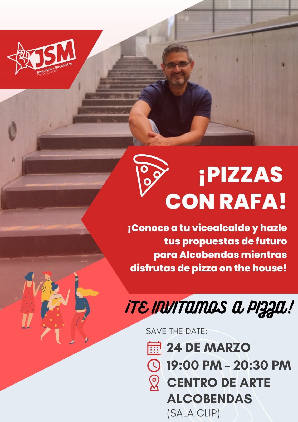 Cartel del encuentro con jóvenes que desarrolla el candidato del PSOE en Alcobendas, Rafael Sánchez Acera