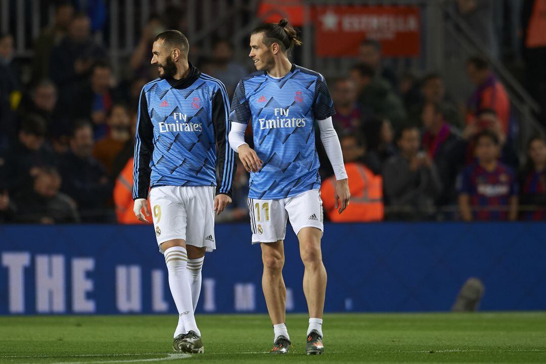 Benzema y Bale, durante el calentamiento del último Clásico 