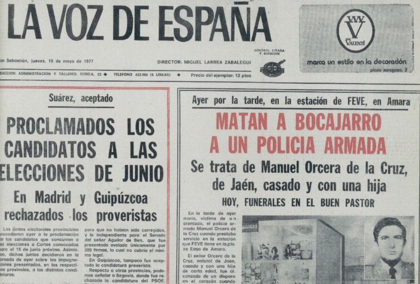 La Voz de España abría su portada con el asesinato del policía ubetense Manuel Orcera a manos de ETA