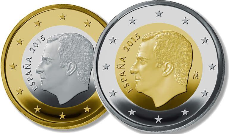 Las monedas de uno y dos euros, con la cara de Felipe VI.