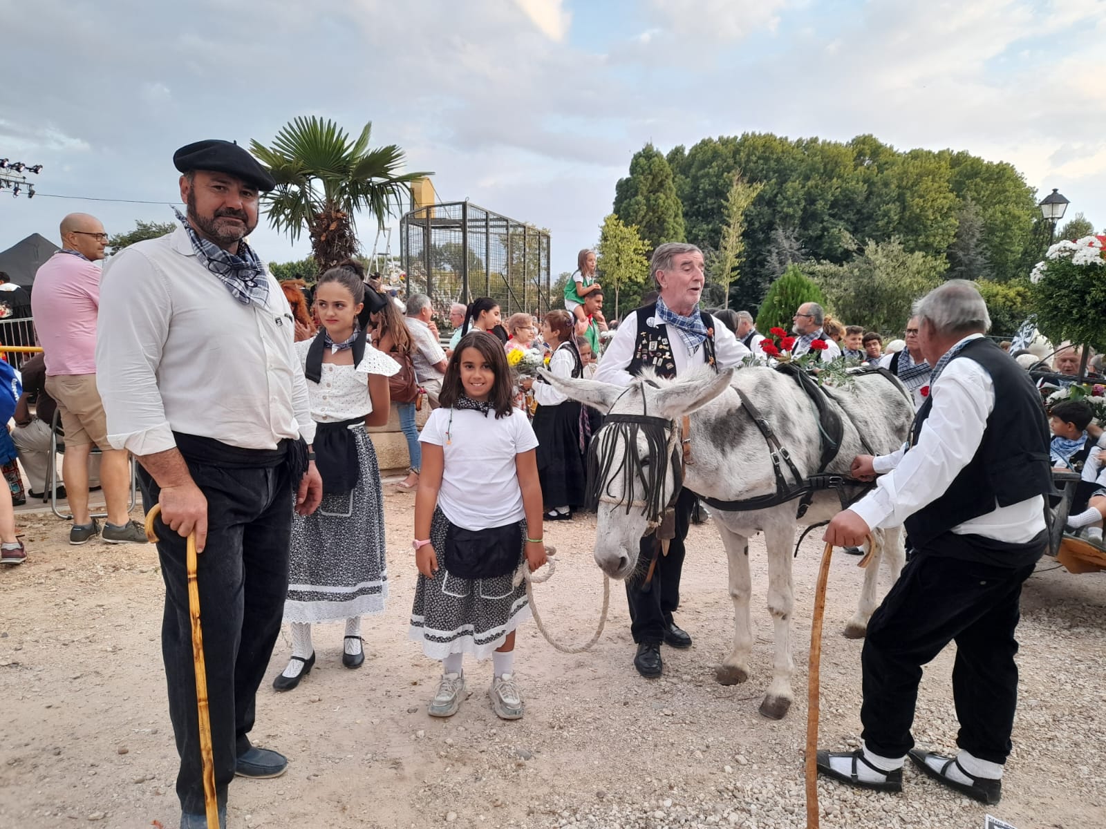 Miembros de la Peña Tierra Aranda acompañados de la mula Luisa en la ofrenda de flores fiestas Aranda 2023