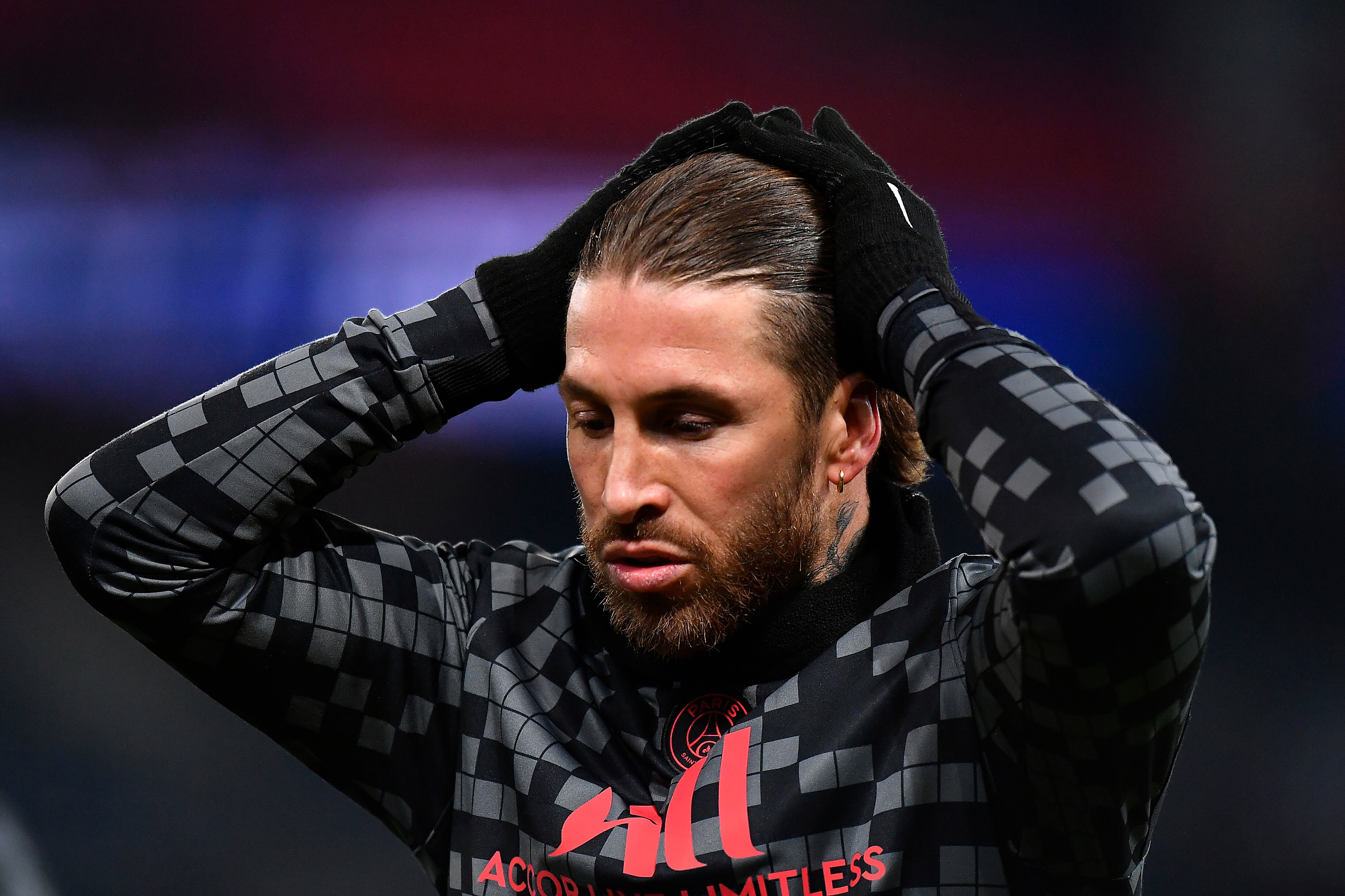 Sergio Ramos, durante un calentamiento antes de medirse al Stade de Reims