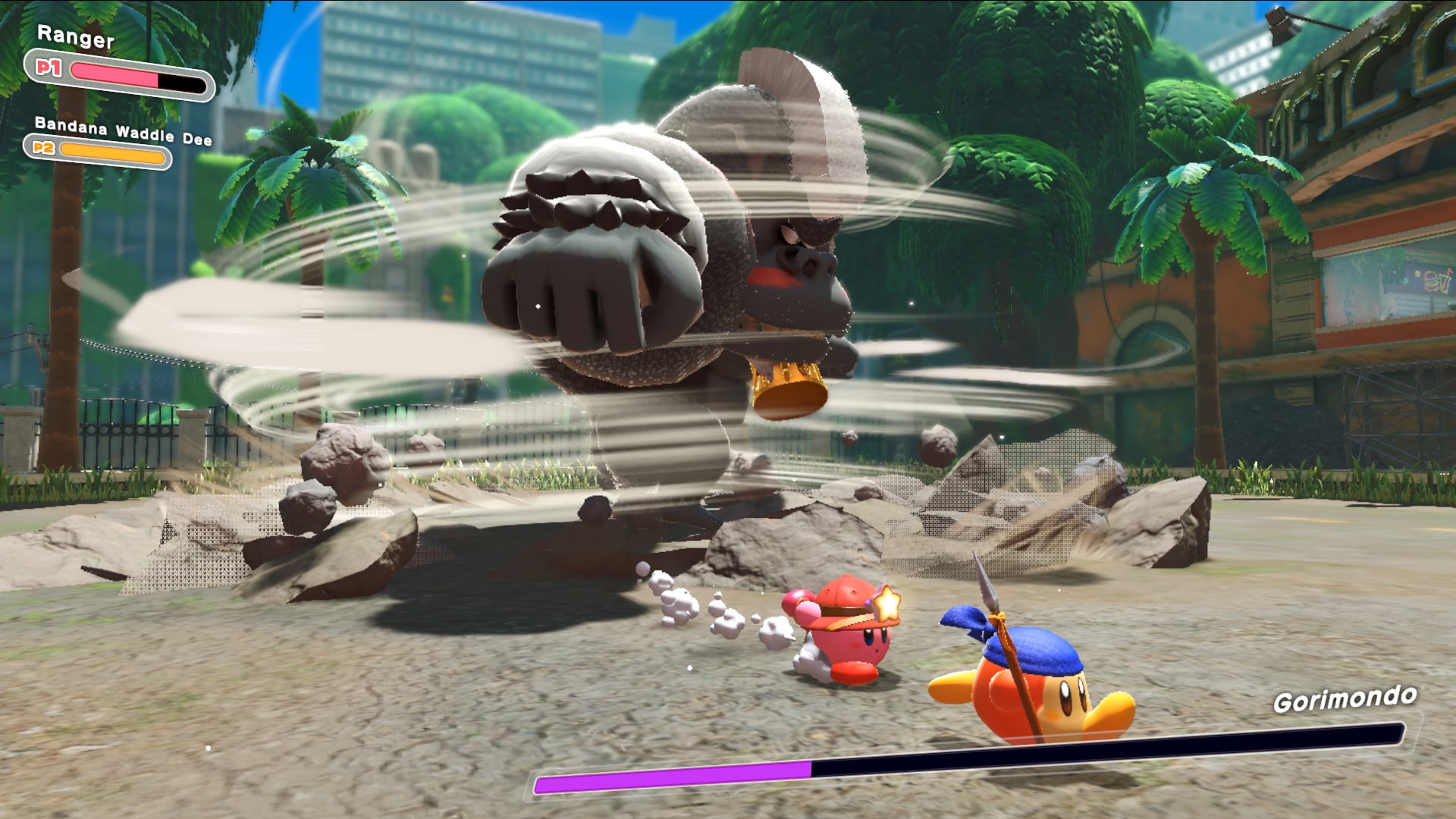 Kirby y Waddle Dee Pañuelo luchando contra uno de los jefes finales de fase